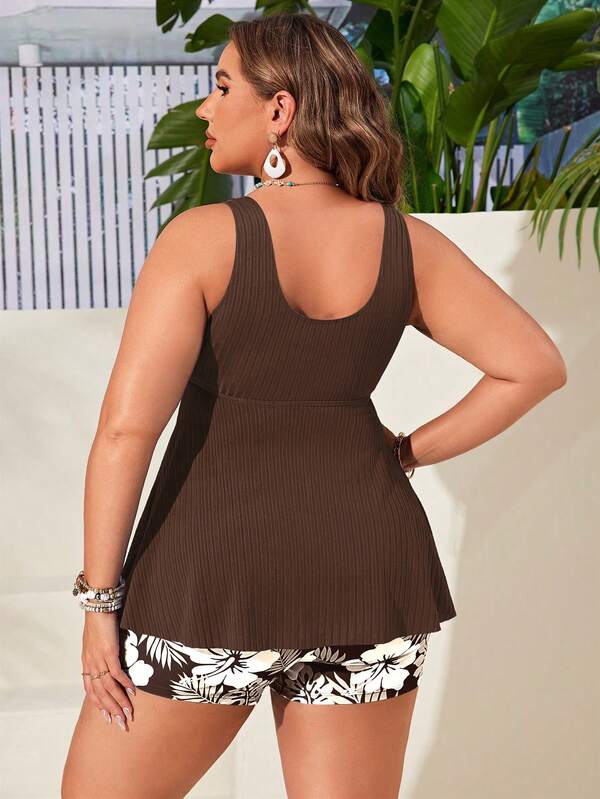 Tankini Decote V Canelado Com Amarração Alongado Plus Size