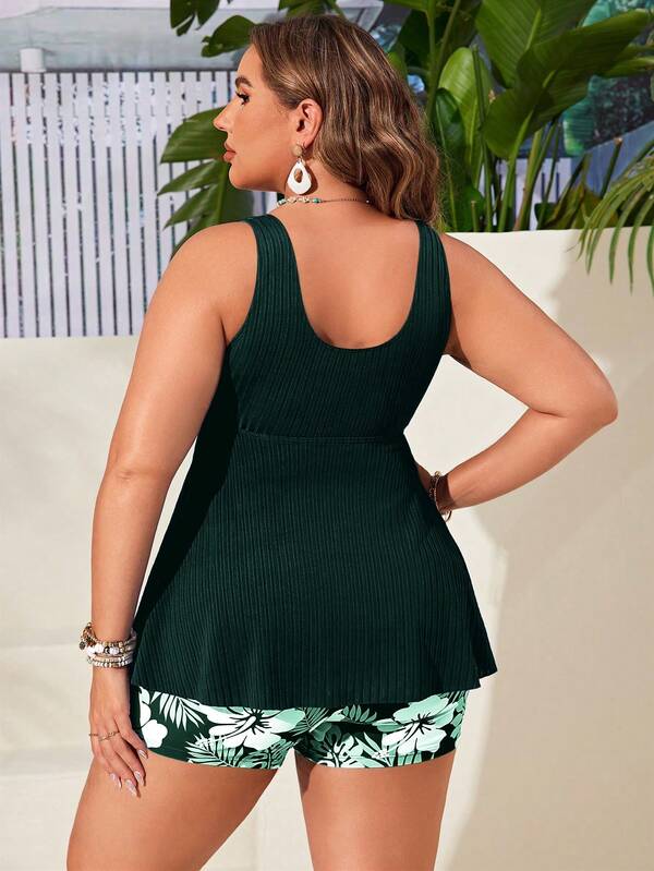 Tankini Decote V Canelado Com Amarração Alongado Plus Size