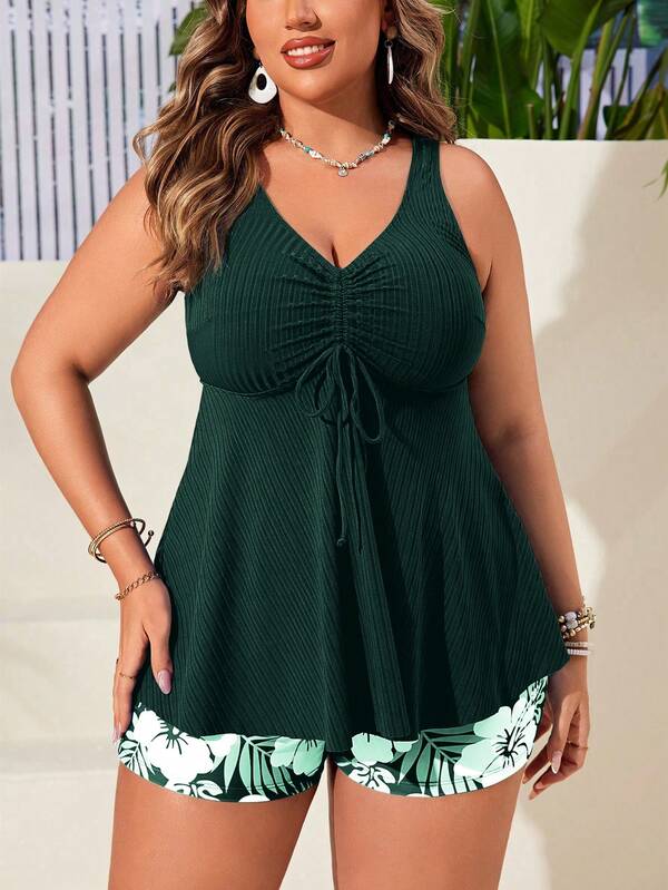 Tankini Decote V Canelado Com Amarração Alongado Plus Size