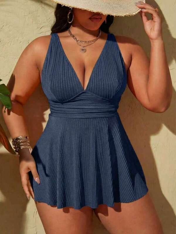 Tankini Decote V Canelado Transpassado Alongado Plus Size
