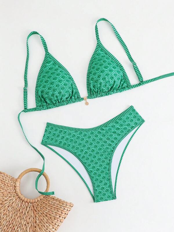 Biquíni Triângulo Com Aviamento Estampado Geométrico Plus Size