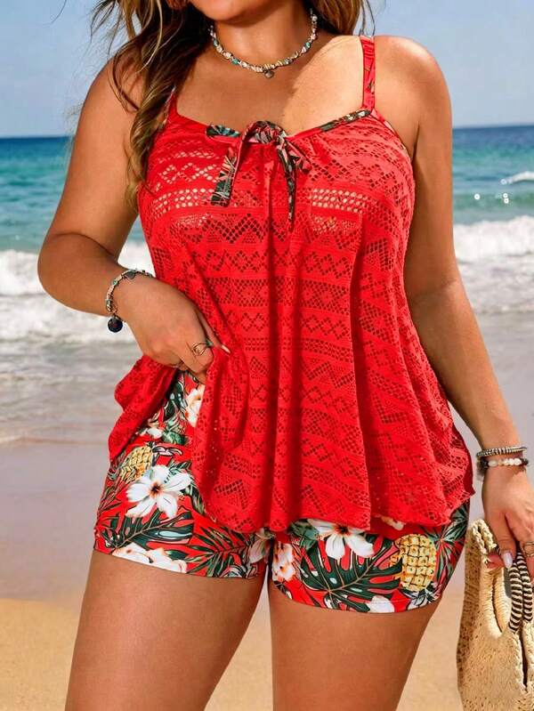Tankini Alças Finas Com Amarração Alongado Solto Plus Size