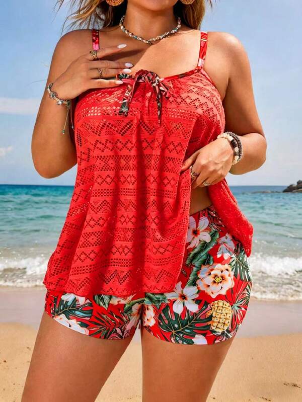 Tankini Alças Finas Com Amarração Alongado Solto Plus Size
