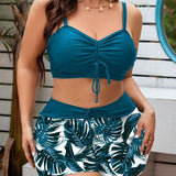 Conjunto Franzido Estampado Tropical Com Short Curto Plus Size
