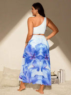 Conjunto Ombro Único Estampado Floral Com Pareô Plus Size