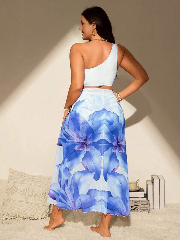 Conjunto Ombro Único Estampado Floral Com Pareô Plus Size