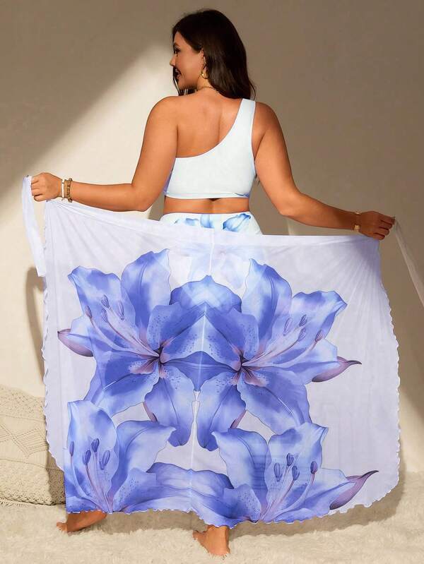 Conjunto Ombro Único Estampado Floral Com Pareô Plus Size
