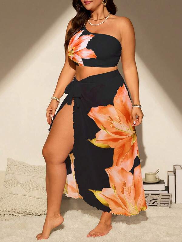 Conjunto Ombro Único Estampado Floral Com Pareô Plus Size