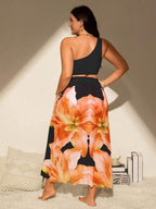 Conjunto Ombro Único Estampado Floral Com Pareô Plus Size