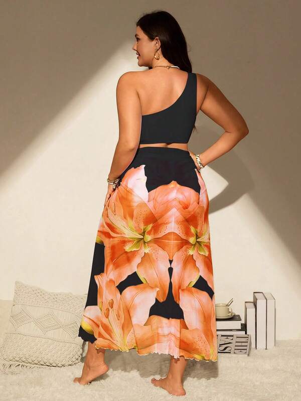 Conjunto Ombro Único Estampado Floral Com Pareô Plus Size