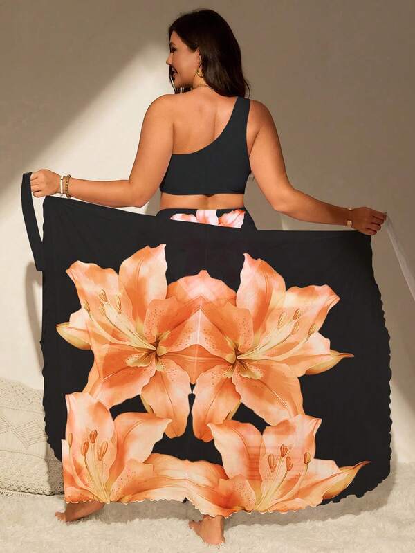 Conjunto Ombro Único Estampado Floral Com Pareô Plus Size