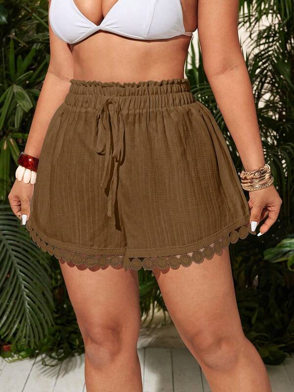 Saída De Praia Short Texturizado Com Amarração E Guipir Plus Size