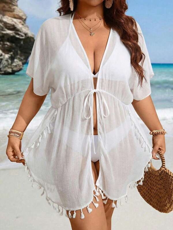 Saída De Praia Curta Com Amarração E Franjas Plus Size