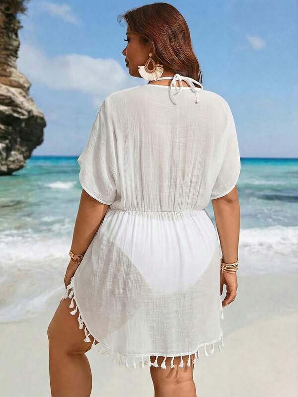Saída De Praia Curta Com Amarração E Franjas Plus Size