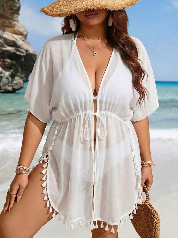 Saída De Praia Curta Com Amarração E Franjas Plus Size