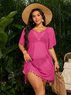 Saída De Praia Curta Em Tule Com Franjas E Transparência Plus Size