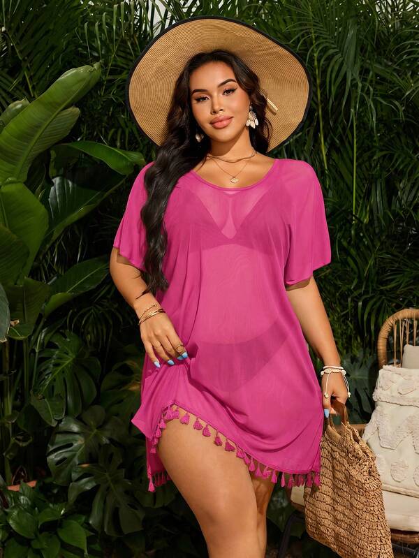 Saída De Praia Curta Em Tule Com Franjas E Transparência Plus Size
