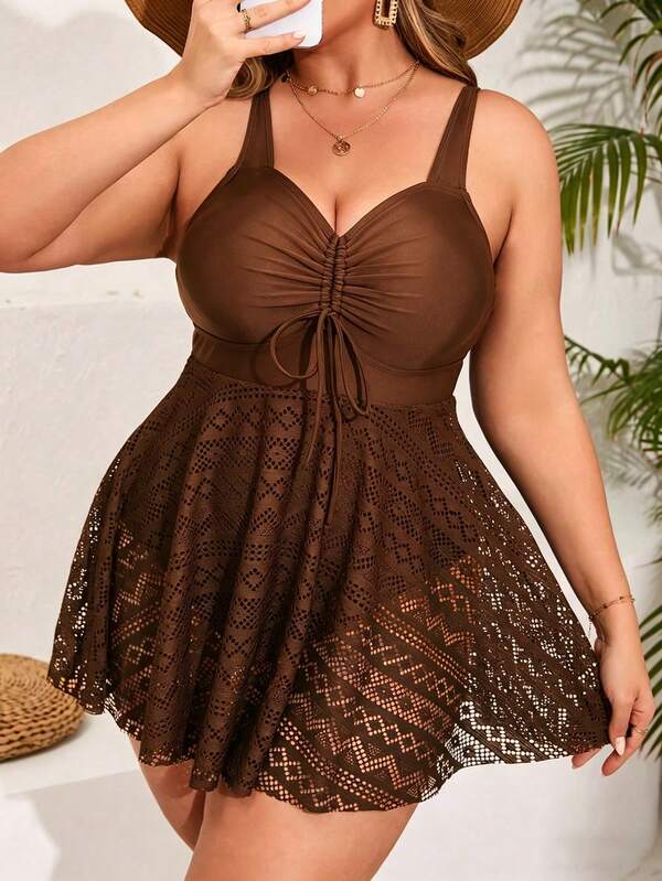 Maiô Regata Franzido Com Saia Rendada Modelador Plus Size