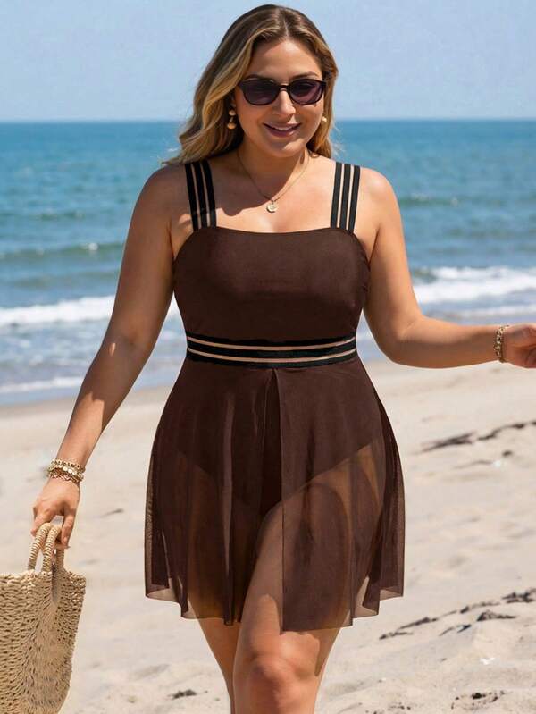 Maiô Regata Transparência Com Saia Modelador Plus Size