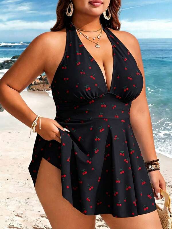 Tankini Frente Única Decote V Alongado Estampado Plus Size