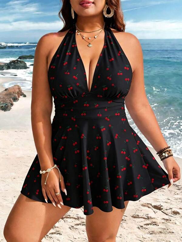 Tankini Frente Única Decote V Alongado Estampado Plus Size