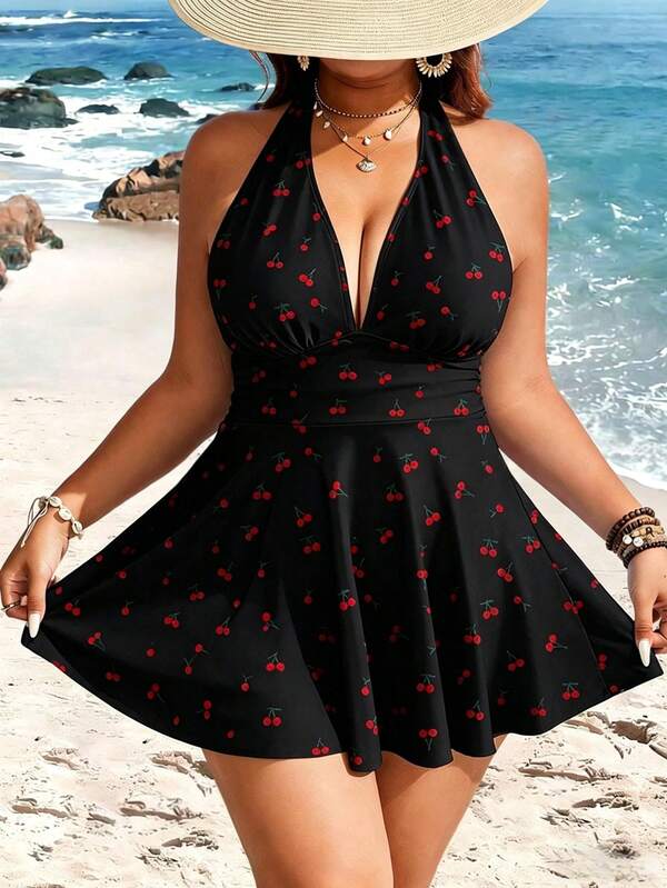 Tankini Frente Única Decote V Alongado Estampado Plus Size