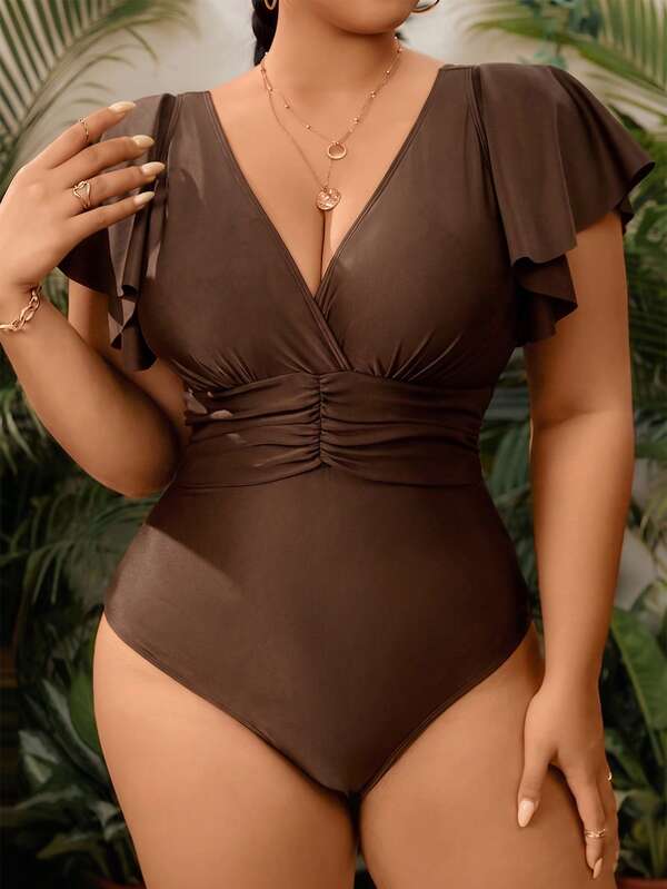 Maiô Decote V Franzido Com Babados Modelador Plus Size