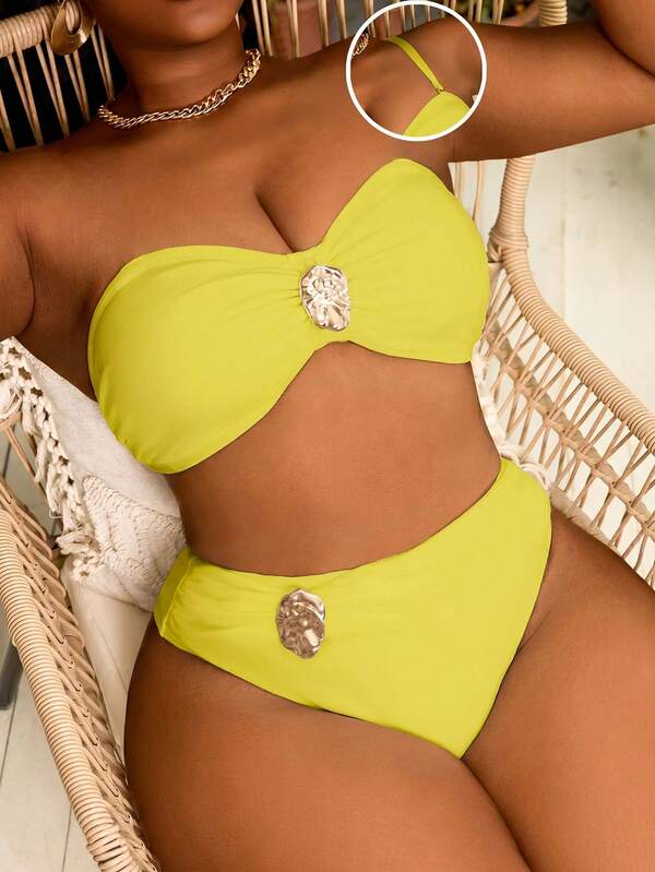 Biquíni Bandeau Cintura Alta Franzido Com Aviamento Plus Size