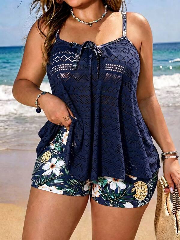 Tankini Alças Finas Com Amarração Vazado Alongado Plus Size
