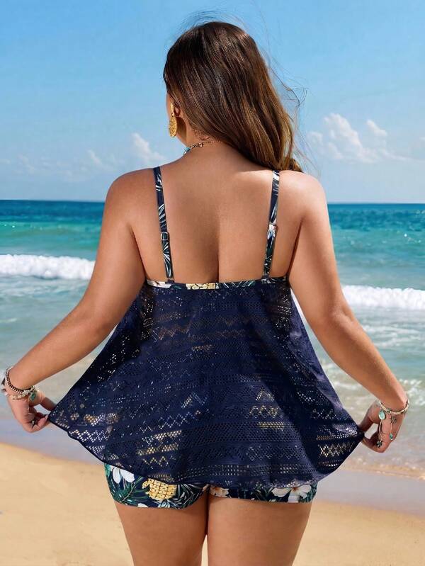 Tankini Alças Finas Com Amarração Vazado Alongado Plus Size