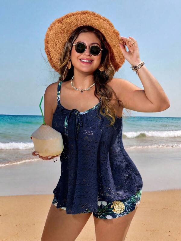 Tankini Alças Finas Com Amarração Vazado Alongado Plus Size