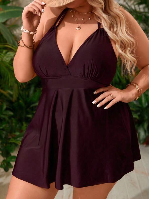 Tankini Frente Única Decote V Alongado Solto Plus Size