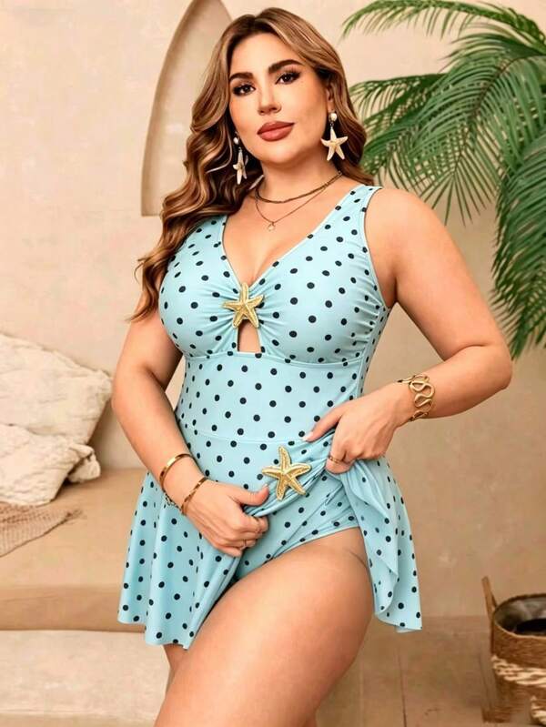 Maiô Decote V Com Aviamento E Saia Modelador Plus Size