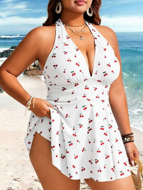 Tankini Frente Única Decote V Alongado Estampado Plus Size