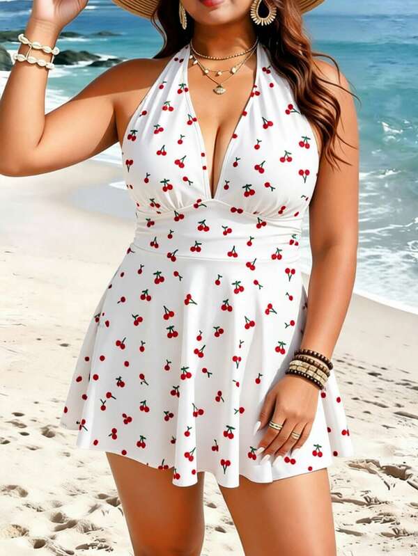 Tankini Frente Única Decote V Alongado Estampado Plus Size