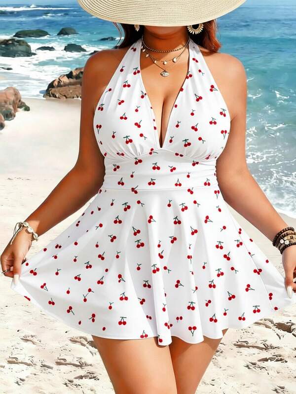 Tankini Frente Única Decote V Alongado Estampado Plus Size