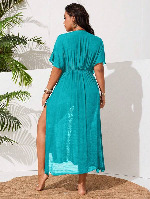 Saída De Praia Kaftan Longo Com Renda E Fenda Plus Size