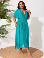 Saída De Praia Kaftan Longo Com Renda E Fenda Plus Size