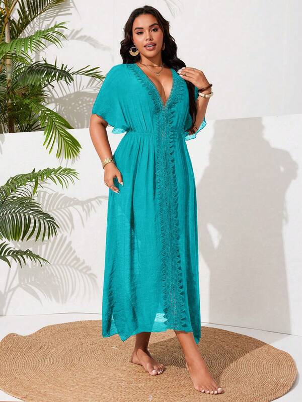 Saída De Praia Kaftan Longo Com Renda E Fenda Plus Size