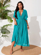 Saída De Praia Kaftan Longo Com Renda E Fenda Plus Size