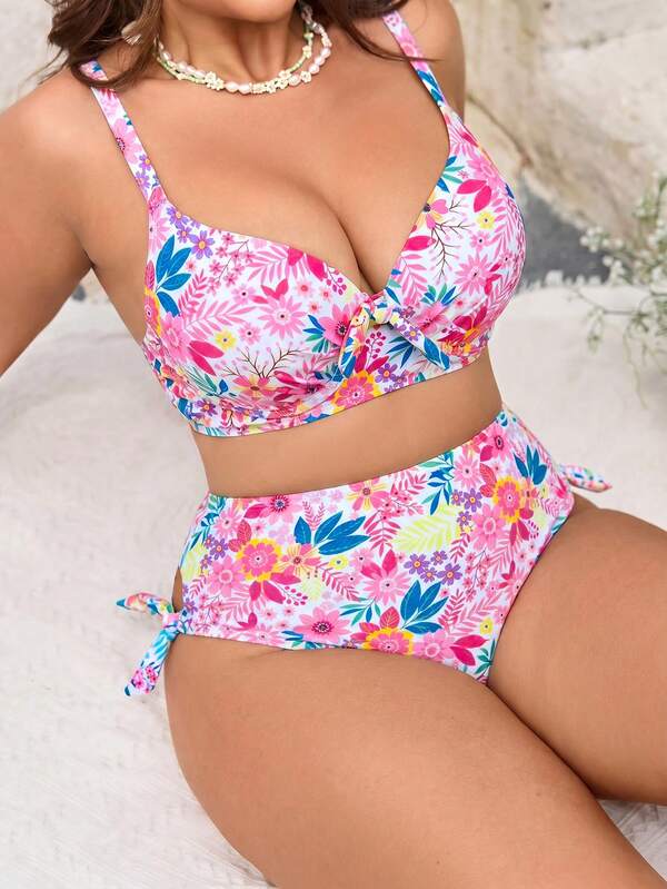 Biquíni Cintura Alta Franzido Estampado Floral Plus Size