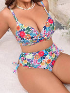 Biquíni Cintura Alta Franzido Estampado Floral Plus Size