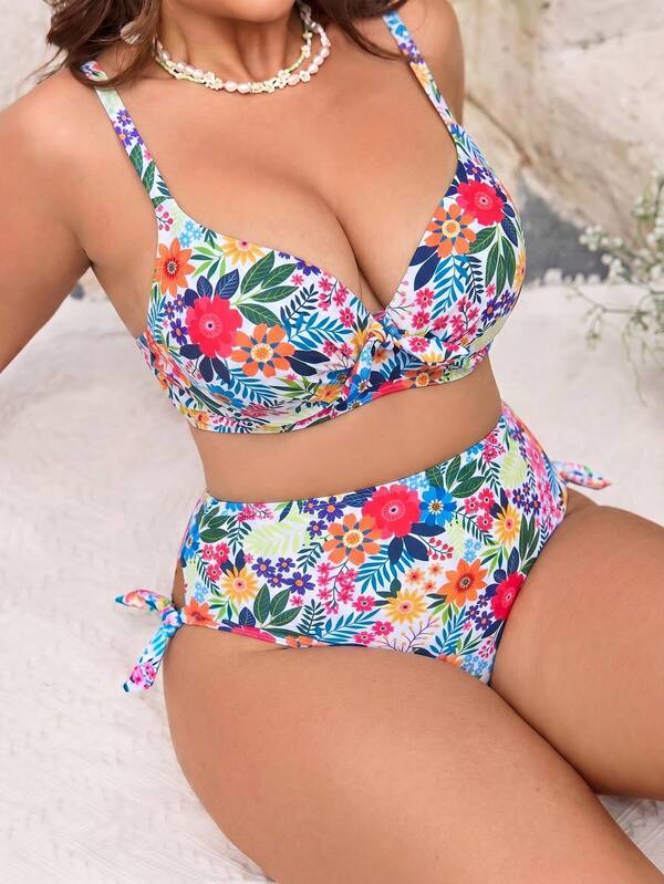 Biquíni Cintura Alta Franzido Estampado Floral Plus Size
