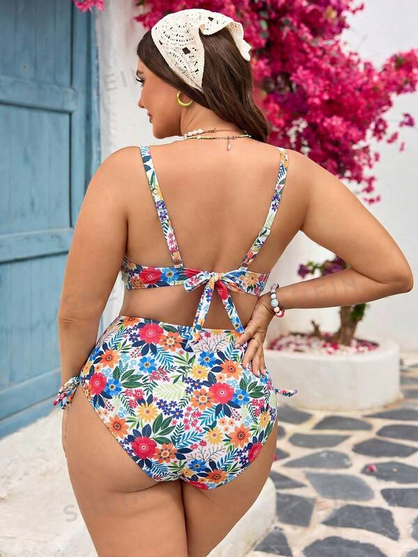 Biquíni Cintura Alta Franzido Estampado Floral Plus Size