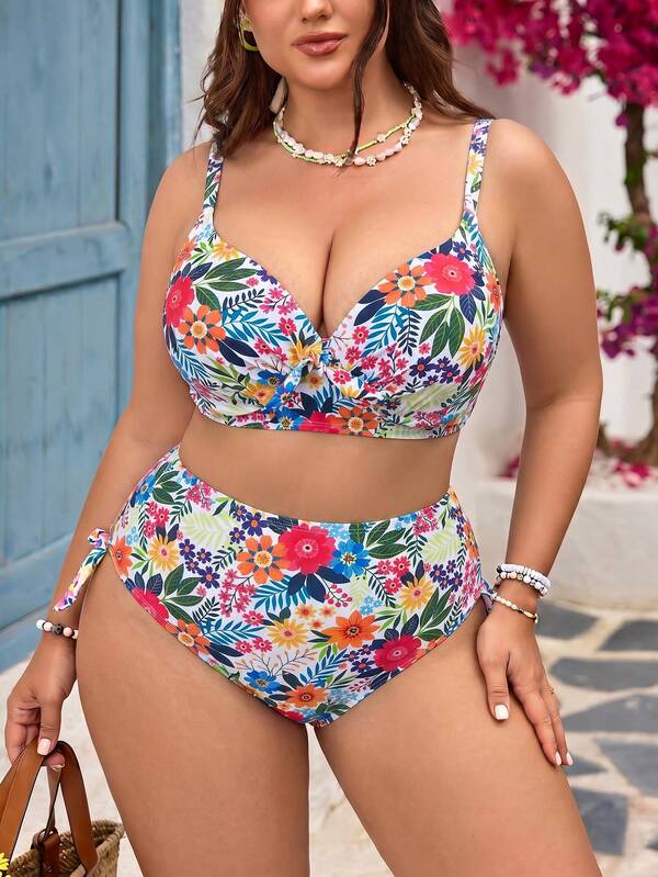 Biquíni Cintura Alta Franzido Estampado Floral Plus Size