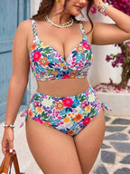 Biquíni Cintura Alta Franzido Estampado Floral Plus Size