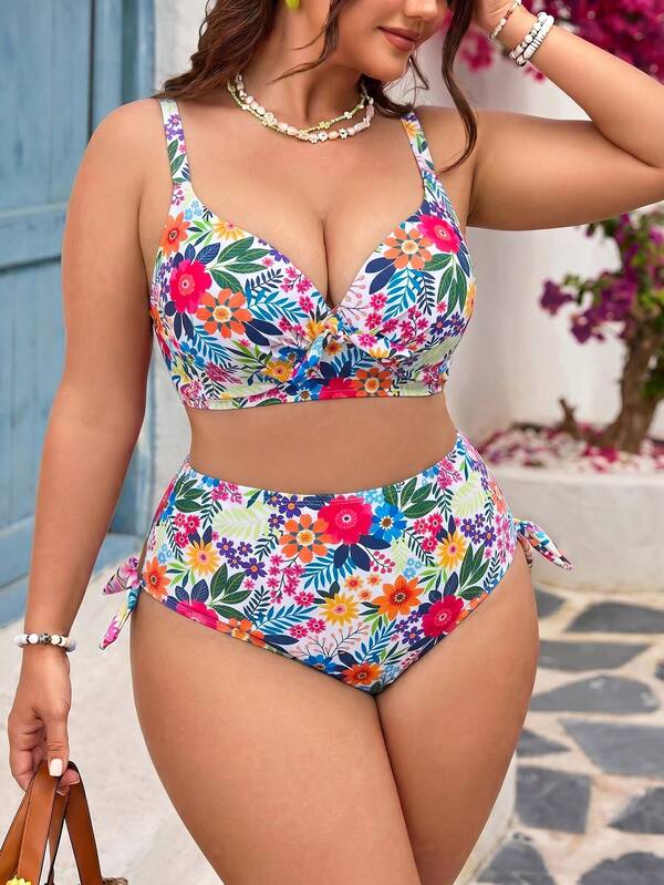 Biquíni Cintura Alta Franzido Estampado Floral Plus Size
