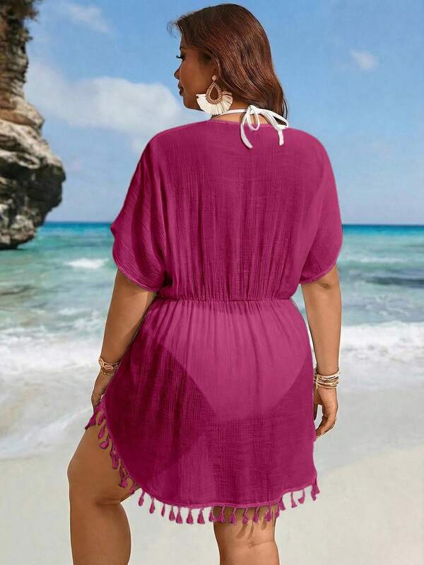 Saída De Praia Curta Com Amarração E Franjas Plus Size