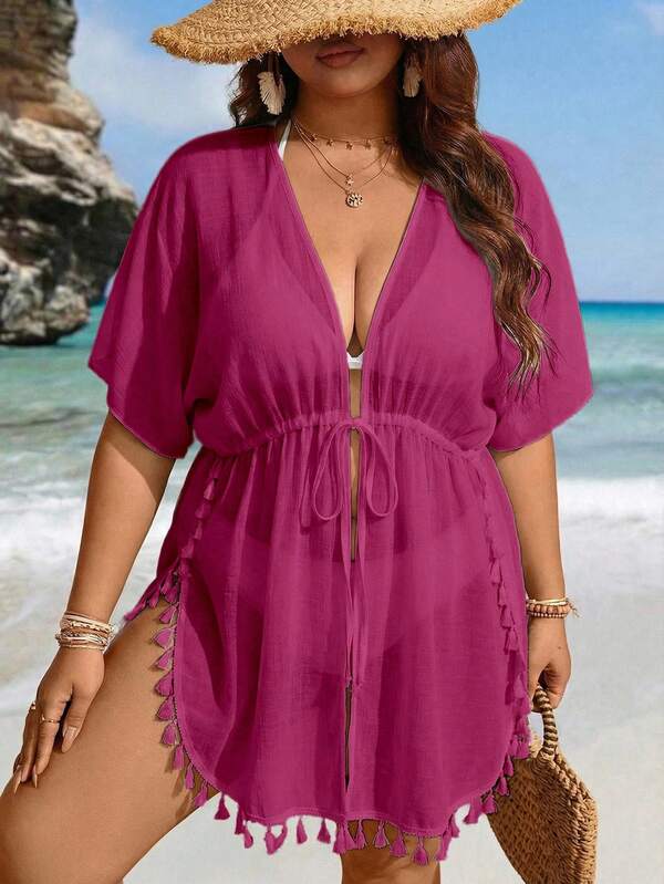 Saída De Praia Curta Com Amarração E Franjas Plus Size