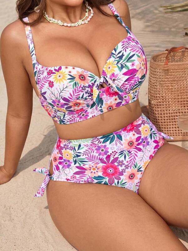 Biquíni Cintura Alta Franzido Estampado Floral Plus Size